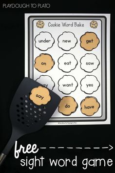 a cookie word bake worksheet with a spatula