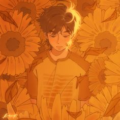 an anime character standing in front of sunflowers