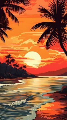 a painting of palm trees and the ocean at sunset