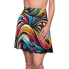 Vibrant brushstrokes Women's Skater Skirt (AOP) A versatile fit AOP skater skirt with a cozy, soft touch and a casual look. Inspired by the freedom of creativity, it will instantly become your everyday favorite. Made from 95% polyester and 5% spandex, this skirt offers a comfortable and flexible fit. The waist width ranges from 12.52 inches to 18.74 inches, and the length ranges from 14.49 inches to 15.75 inches, making it suitable for a variety of body types. The skirt features a vibrant brushstroke print, adding a pop of color and personality to your outfit. It is assembled in the USA from globally sourced parts, ensuring quality and ethical production. With a versatile fit and eye-catching design, this skater skirt is perfect for any occasion. Dress it up with heels and a blouse for a n Retro Multicolor Mini Skirt, Multicolor Flared Stretch Mini Skirt, Retro Multicolor Flowy Skirt, Multicolor Retro Stretch Skirt, Multicolor Stretch Flared Skirt, Retro Multicolor Relaxed Skirt, Printed Blouses, London Fashion Week Street Style, Simple Fall Outfits