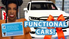 an animated image of a woman holding up a sign that says functional cars in front of a car dealership