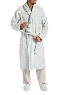 Enjoy the luxurious elegance of a spa-inspired robe at home with this supercomfy style loomed from long-staple Turkish cotton. 45 1/2" length (size Large)   Open front   Shawl collar   Long sleeves   Front patch pockets   Removable tie belt   100% cotton   Machine wash, tumble dry   Made in Turkey   Pop-In@Nordstrom   OEKO-TEX®–certified materials free of harmful substances Parachute Cloud Cotton Robe, Long Sleeve Cotton Spa Robe, Blue Cotton Robe For Home, White Bathrobe, Blue Cotton Robe For Relaxation, Spa Inspiration, Sleepwear Robe, Shawl Collar, Tie Belt