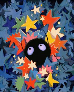 a painting of a black bug surrounded by stars in blue and orange colors with white eyes