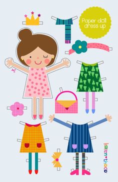 paper doll dress up for girls with clothes and accessories on the bottom, one girl is holding