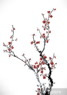 a branch with red flowers on it against a white background in the shape of a twig