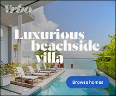 an advertisement for a luxury beachside villa