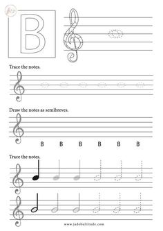 the letter b worksheet with musical notes and letters to be written on it