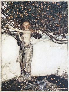 a drawing of a woman standing next to an apple tree with fruit on the branches