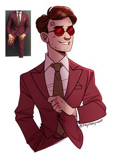 a drawing of a man in a suit and tie with red glasses on his face