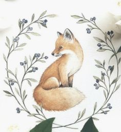 a painting of a fox sitting on top of a white table cloth with blue flowers around it