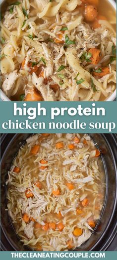 chicken noodle soup with carrots and parsley in a crock pot