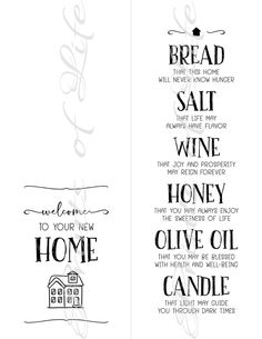 two bookmarks with the words bread salt wine honey olive oil and an image of a house