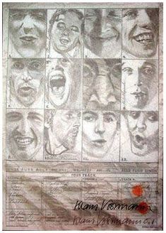 an old newspaper with many faces drawn on it