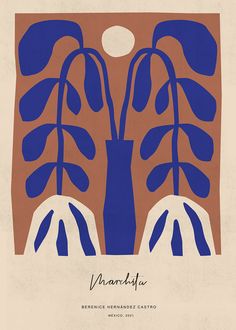 a blue and brown poster with two trees