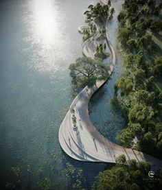 an artist's rendering of a curved road in the middle of water with trees on both sides