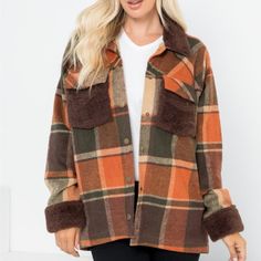 Stay Warm And Stylish With Our Plaid Wool-Like Shacket. The Self Is Made Of A Cozy, Vegan Wool-Like Fabric While The Contrast Features Soft Sherpa For Added Comfort. Fully Lined And Equipped With Front Snap Buttons And Pockets, This Shacket Is Both Practical And Fashionable. Model Is 5'10" And Wearing A Size Small With A Bust Of 48" And Length Of 29 1/2". Made Of 56% Polyester, 19% Acrylic, 12% Rayon, 6% Wool, And 7% Other For The Self And 100% Polyester For The Contrast. **New** Orange Long-sleeve Outerwear With Pockets, Orange Long Sleeve Outerwear With Pockets, Casual Orange Outerwear For Fall, Orange Outerwear With Pockets For Cold Weather, International Orange, Black Leather Jacket Men, Mlp Characters, Black Faux Leather Jacket, Grey Vest