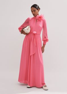 Silk Full-Length Dress With Corsage + Belt | ME+EM Hbd Style, Mother Of The Bride Inspiration, Aw Style, Mother Bride, Luxury Dresses, Full Length Dress, Different Dresses, Perfect Pink, Material Girl