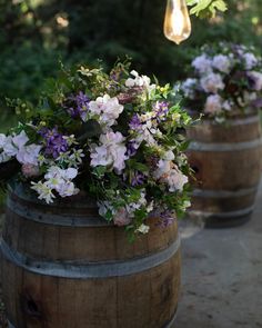 two wooden barrels with flowers in them and a lightbulb hanging from the ceiling