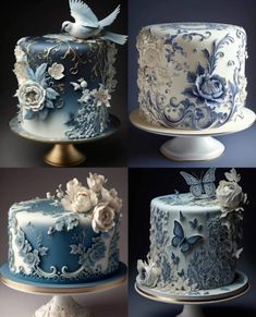 four different cakes with blue and white frosting designs on each cake stand, one is decorated with flowers and the other has a bird