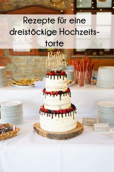 a cake sitting on top of a table covered in plates