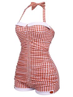 Checked 1950s Halter Bowknot One-piece Swimsuit – Retro Stage - Chic Vintage Dresses and Accessories Couqutte Swimsuit, Retro Stage Swimsuit, Y2k Bathing Suit One Piece, Y2k Swimwear One Piece, One Piece Swimsuit Vintage, Coquette One Piece Swimsuit, Cute Swimming Suits One Piece, Cute Bathing Suits One Piece, Coquette Swimsuit