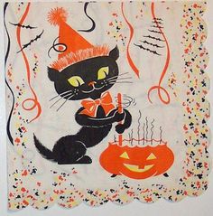 a black cat wearing a party hat and holding a candle in front of a pumpkin