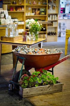 a wheelbarrow filled with plants and flowers in front of a store display case