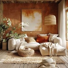 a living room filled with lots of white furniture and pillows on top of a wooden floor