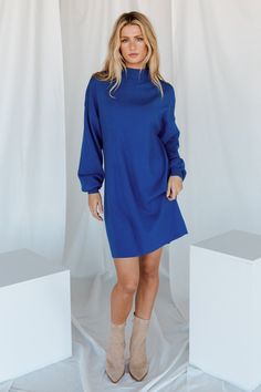 Jennings Sweater Dress | Cobalt Blue Cobalt Blue Dress, Olive Green Color, Mock Neckline, Outerwear Sweater, Cup Size, Sweater And Shorts, Knitting Materials, Cobalt Blue, Snug Fit