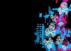 a black background with blue and pink skulls and crossbones on the bottom right corner