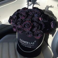 a black hat with purple roses on it sitting in the back seat of a car