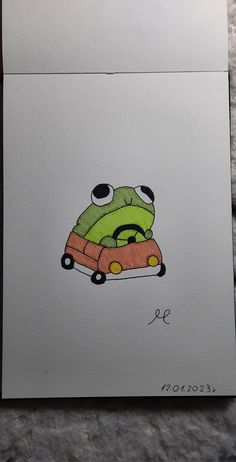 a drawing of a frog driving a car