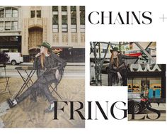 a collage of photos with the words, chains and fringes written in black