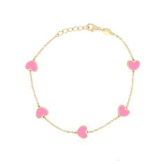 Calling all heart-lovers! The trendiest way to wear your heart on your sleeve. Available in a variety of colors!14K Yellow Gold5 Bubblegum Pink HeartsChain Length: 7 inchesEach heart measures: 7 millimetersThis piece is identical on both sides Lobster Clasp // Pink Jewelry With Heart Charm, Yellow Gold Heart Bracelet With Heart Beads, Pink Heart Bracelet With Heart Charm, Pink Heart Charm Bracelet, Playful Pink Jewelry With Heart Charm, Yellow Gold Heart-shaped Bracelet With Heart Beads, Playful Pink Heart Necklaces, Playful Pink Heart-shaped Bracelet, Bond Bracelet