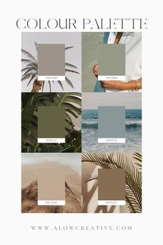 the color palette is shown in shades of grey, green and brown with palm leaves