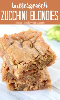 two pieces of butterscotch zucchini blondies stacked on top of each other