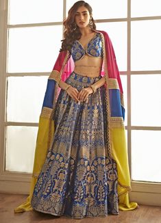 Royal Blue Banarasi Lehenga Set With Multi COloured Dupatta Studio Iris - Fabilicious Fashion Blue Banarsi Lehnga, Banarsi Lehenga Blouse Designs, Silk Lehenga Designs Latest, Blue Banarasi Lehenga, Banarsi Silk Lehenga, Silk Lehenga Banarasi, Studio Iris, Royal Blue Lehenga, Mehendi Outfits