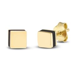 Striking polished squares are embellished with bold black enamel in these classic women's stud earrings. Fashioned in 14K yellow gold, the earrings secure in place with friction backs. Classic Yellow Gold Earrings With Black Enamel, Modern Gold Earrings With Black Enamel, Luxury Yellow Gold Square Earrings, Gold Earrings With Black Enamel In 14k Gold, Classic Square Yellow Gold Earrings, Gold Minimalist Earrings With Black Enamel, Stud Earrings Black, Square Stud Earrings, Jared The Galleria Of Jewelry