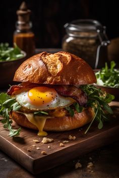 a bacon, egg and cheese sandwich on a wooden cutting board next to some greens