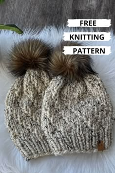 a knitted hat with two pom poms on top and the text free knitting pattern