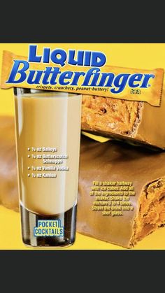 an advertisement for liquid butterfingerer is shown on the screen, next to a glass of milk