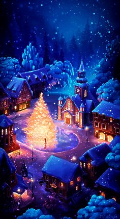 a painting of a snowy village with a lit christmas tree