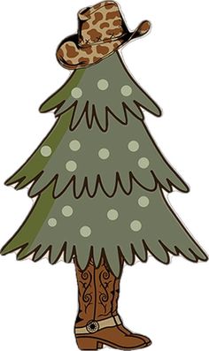 a drawing of a cowboy standing next to a christmas tree with polka dots on it