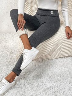 Style:Casual \nType:Regular \nColor:Dark Grey \nPattern Type:Plain \nWaist Line:High Waist \nLength:Long \nTemperature:Winter (<10℃/50℉) \nFabric:Medium Stretch \nMaterial:Fabric \nComposition:95% Polyester \nComposition:5% Elastane \nCare Instructions:Machine wash or professional dry clean \nBody:Unlined \nSheer:No \n Thermal Leggings, Women's Leggings, Dark Grey, Style Casual, High Waist, Dry Clean, High Waisted, Leggings, Clothes For Women