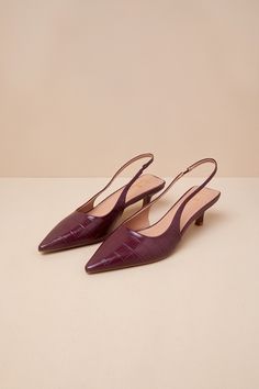 The Lulus Boden Burgundy Croc-Embossed Kitten Heel Slingback Pumps are ready to add some pep to your step and an air of sophistication to your 'fit! These cute and versatile pumps have a crocodile-embossed, faux leather construction that shapes a pointed-toe upper and a low-cut collar that flows into a slingback strap (with a bit of elastic at the instep). A chic, kitten-style heel completes the sleek look! Available in whole sizes only. 2" wrapped spool heel. Cushioned insole. Rubber sole has n Slingback Kitten Heels, Spool Heel, Slingback Heels, Slingback Heel, Slingback Pump, Kitten Heel, Sleek Look, Low Cut, Shopping Cart