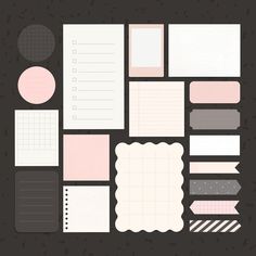 a collection of paper and stickers on a black background with pink, gray, white and grey accents