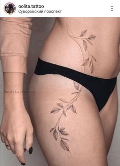 Leaves Tattoo Lower Back, Thigh Leaf Tattoos Women, Side Vine Tattoos Women, Back To Hip Tattoos Women, Dainty Side Tattoos For Women, Hip Leaves Tattoo, Vine Hip Tattoos Women, Hip Vine Tattoo, Tight Tattoos For Women