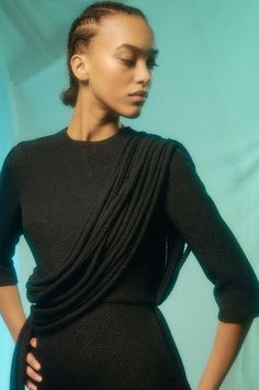 **FINAL SALE** The Cassandra Dress in Black by Edeline Lee is a striking midi dress featuring a corded drape detail wrapping around the torso, elbow length sleeves, and a high neck. Made in London 96% Polyester 4% Elastane Spring 2023 Ready To Wear, Solace London, 2023 Ready To Wear, Frank & Eileen, Dress Home, Mid Dresses, Spring 2023, Elbow Length Sleeve, Thom Browne