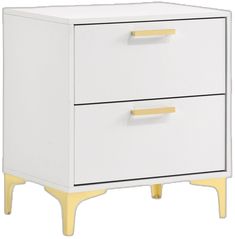 a white and yellow nightstand with two drawers on each side, against a white background