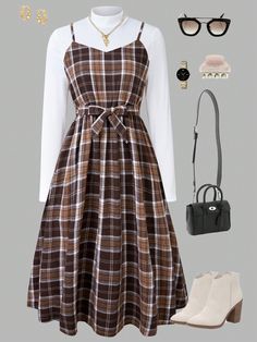 Teen Girls' Brown Plaid Spaghetti Strap Mock Neck Knit Two Piece Dress, Autumn/Winter Brown   Long Sleeve Woven Fabric Geometric Cami Slight Stretch  Teen Girls Clothing, size features are:Bust: ,Length: ,Sleeve Length: Teen Girl Dresses, Dress Autumn, Brown Long Sleeve, Brown Plaid, Dresses For Teens, Everyday Dresses, Inspiration Mode, Two Piece Dress